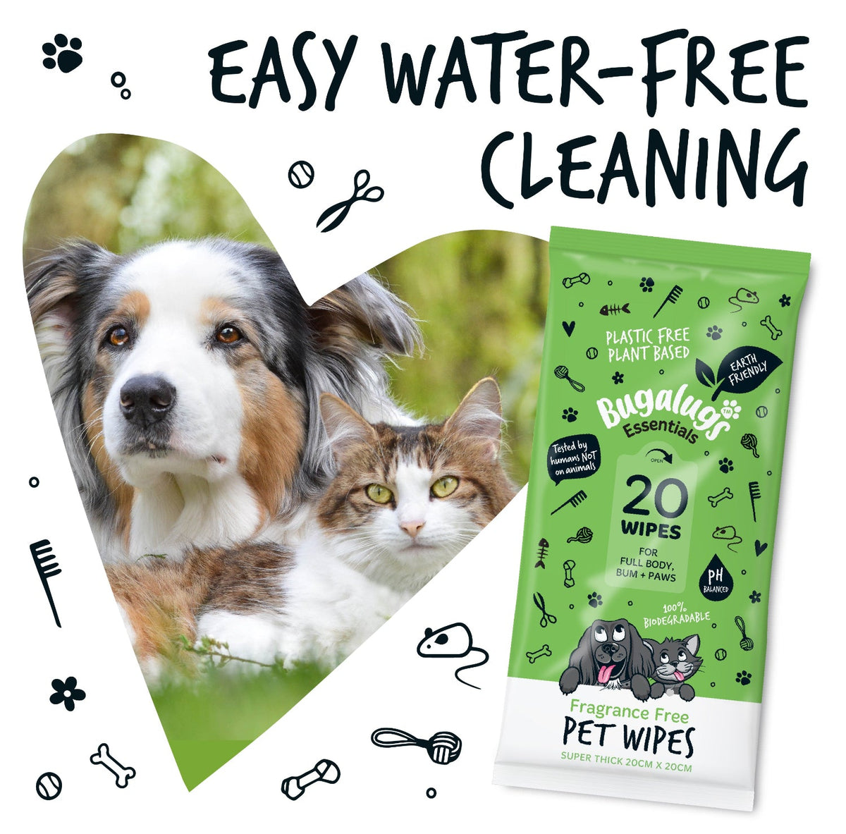 Bugalugs Fragrance Free Pet Wipes for Full Body, Bum & Paws Pack of 20