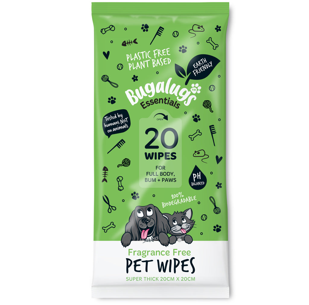 Bugalugs Fragrance Free Pet Wipes for Full Body, Bum & Paws Pack of 20