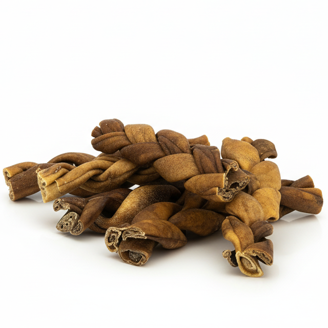 Nutriment natural treats package with braided lamb skins on a white background